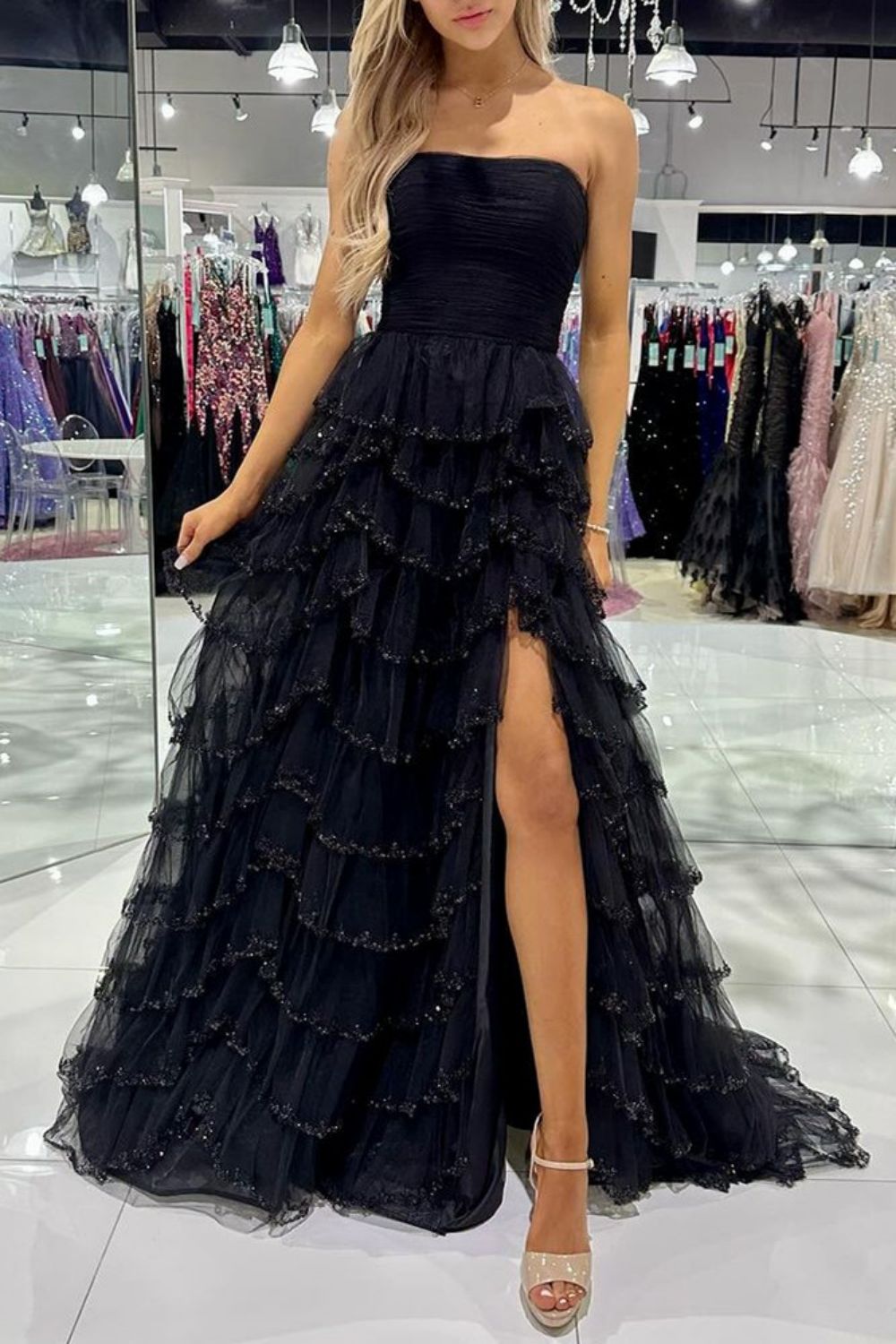 Princess A Line Strapless Black Long Prom Dress with Ruffles