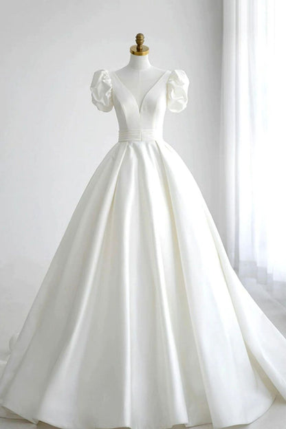 Elegant A Line V Neck White Wedding Dress with Short Sleeves