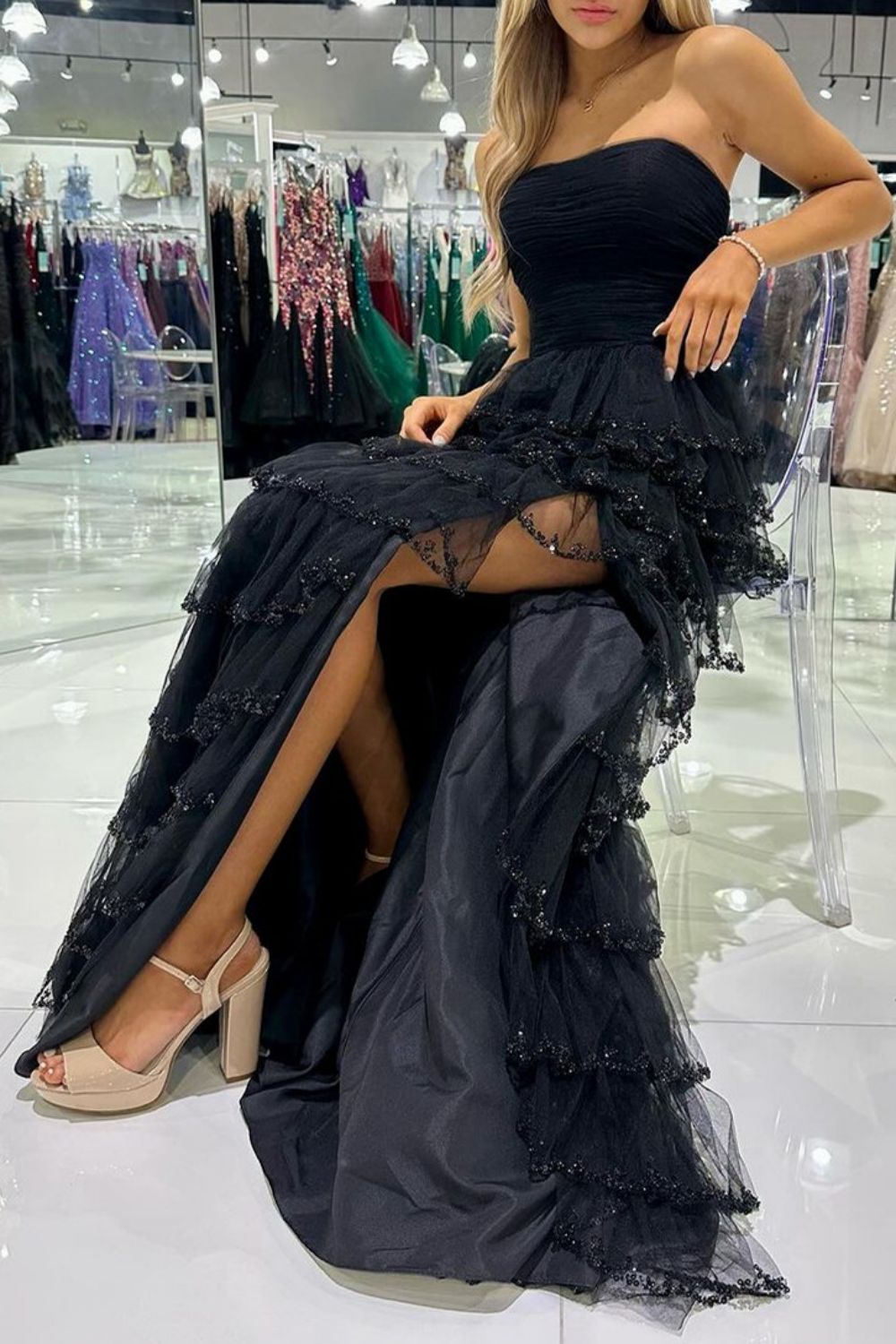 Princess A Line Strapless Black Long Prom Dress with Ruffles