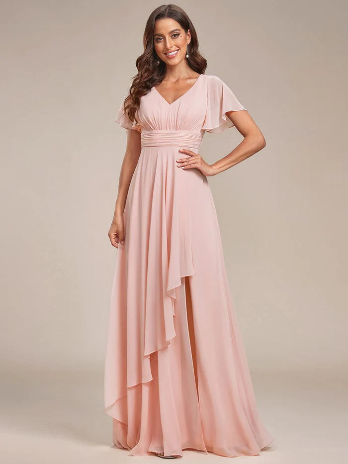 Ruffles Sleeve High Slit with Louts Leaf Chiffon Evening Dress/Prom Dresses