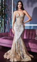 V-Neck Glitter Lace Evening Gown