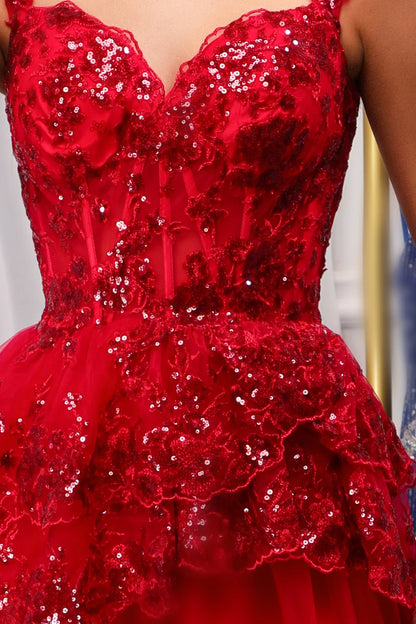 Sparkly Red Corset Tiered Lace A-Line Short Homecoming Dress