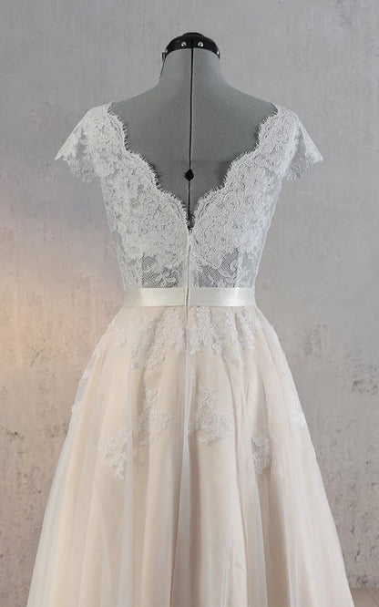 Buyishang Cap Sleeve V-Neck Lace Wedding Dress With Tulle Skirt and V-Back