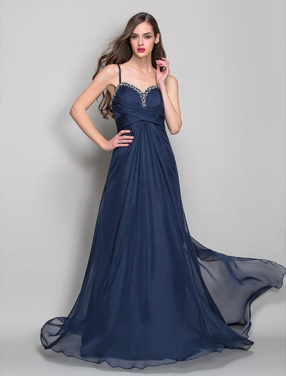 Spaghetti Strap Asymmetrical Chiffon Open Back Formal Evening Dress with Beading