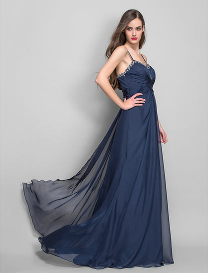 Spaghetti Strap Asymmetrical Chiffon Open Back Formal Evening Dress with Beading