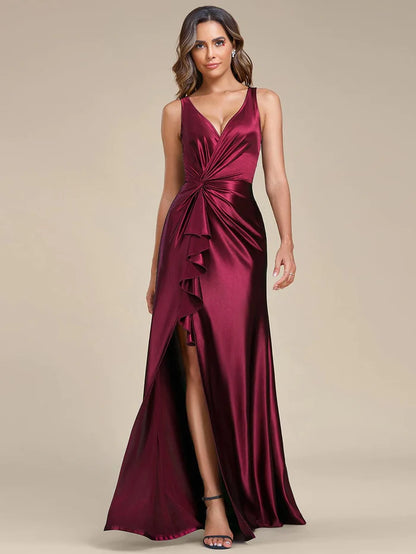 Deep V-Neck Stylish Waist Pleated High Slit Satin Evening Dress/Prom  Dresses