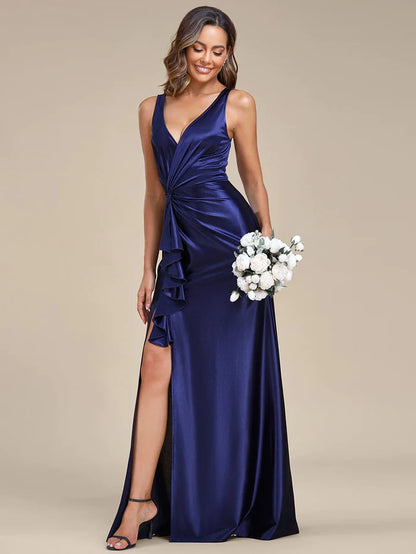 Deep V-Neck Stylish Waist Pleated High Slit Satin Evening Dress/Prom  Dresses