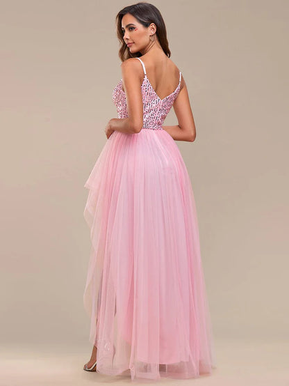 Spaghetti Strap Sequin Top A-Line High Low Tulle Evening Dress/Prom Dresses