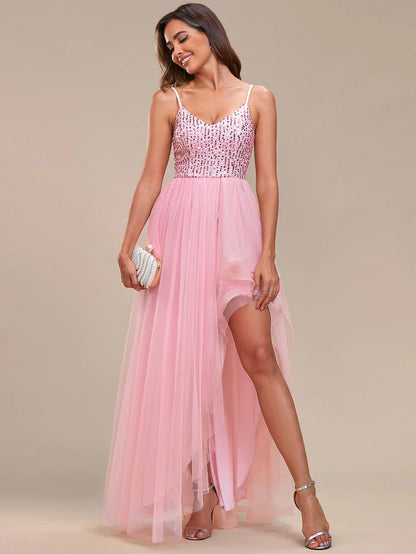 Spaghetti Strap Sequin Top A-Line High Low Tulle Evening Dress/Prom Dresses