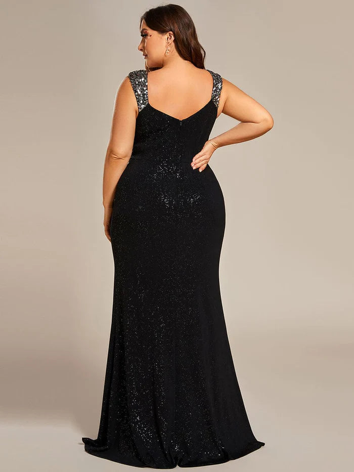 Plus Size Glitter V-Neck High Slit Sequin Shoulder Strap Evening Dress/Prom Dresses