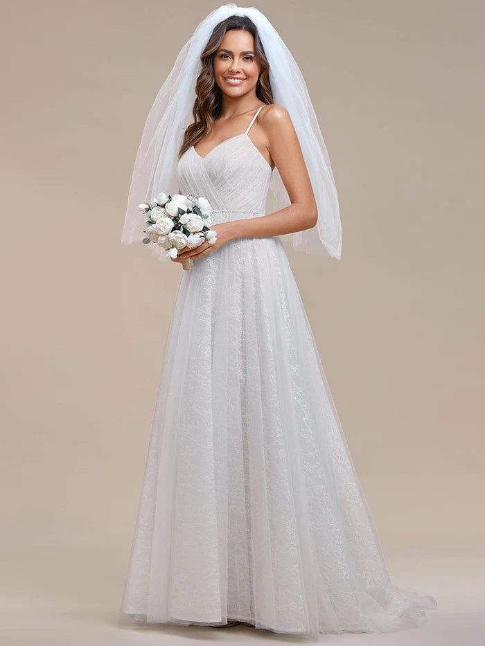 Spaghetti Strap Waist Pearl Sweetheart Collar Tulle Wedding Dress with Lace/Prom Dresses