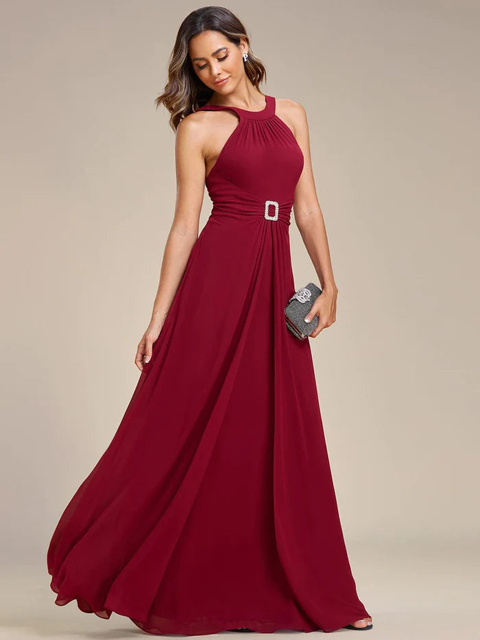 Halter Neck Pleated Chiffon Waist Buckle Decoration Maxi Evening Dress/Prom  Dresses