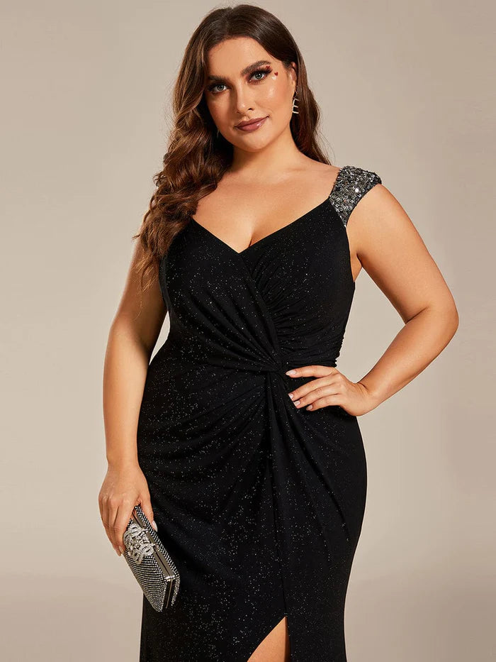 Plus Size Glitter V-Neck High Slit Sequin Shoulder Strap Evening Dress/Prom Dresses