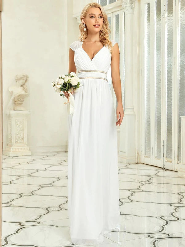 V-Neck Sleeveless Beaded Belt Chiffon A-Line Evening Dress