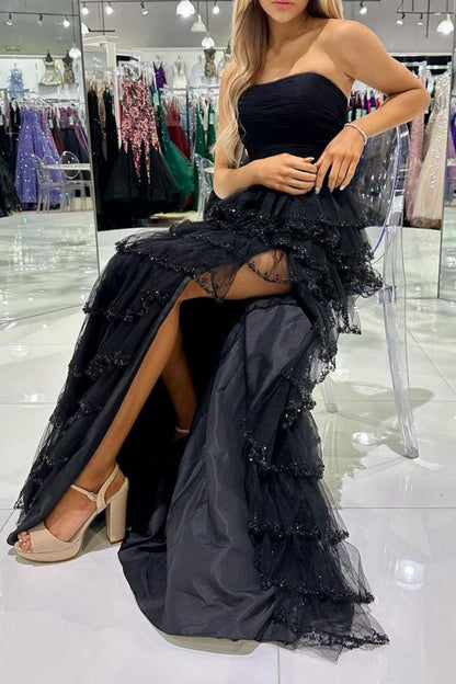 Princess A Line Strapless Black Long Prom Dress with Ruffles