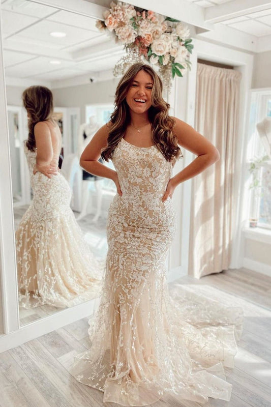 Mermaid Spaghetti Straps Champagne Long Prom Dress with Appliques