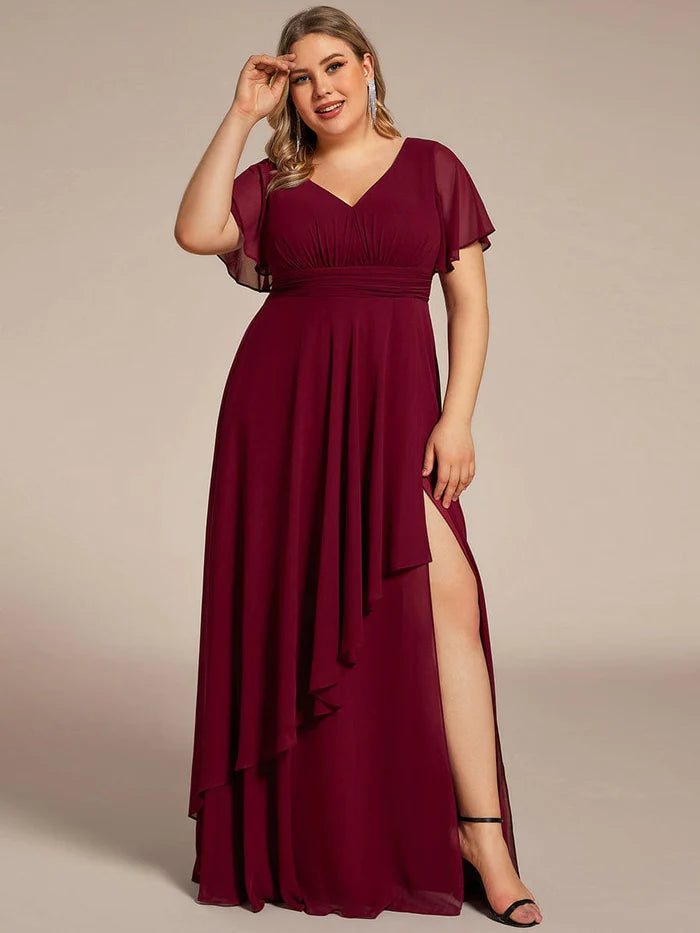 Plus Size High Slit Louts Leaf Empire Waist Chiffon Evening Dress/Prom Dresses