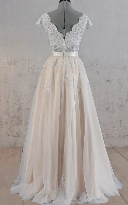 Buyishang Cap Sleeve V-Neck Lace Wedding Dress With Tulle Skirt and V-Back