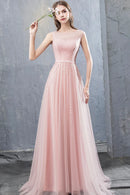 Pink Scoop Tulle Prom Dress with Beaded Pink Floor Length Party Dress