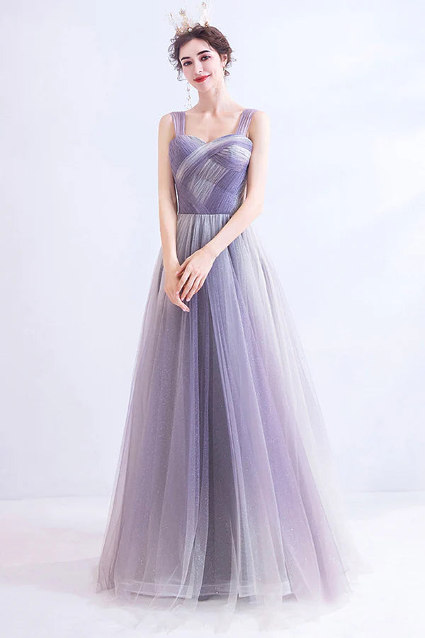 Unique Purple Tulle Long Formal Dress A-Line Evening Graduation Dress