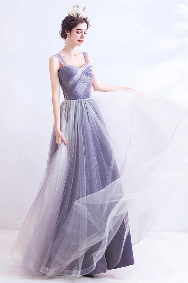 Unique Purple Tulle Long Formal Dress A-Line Evening Graduation Dress