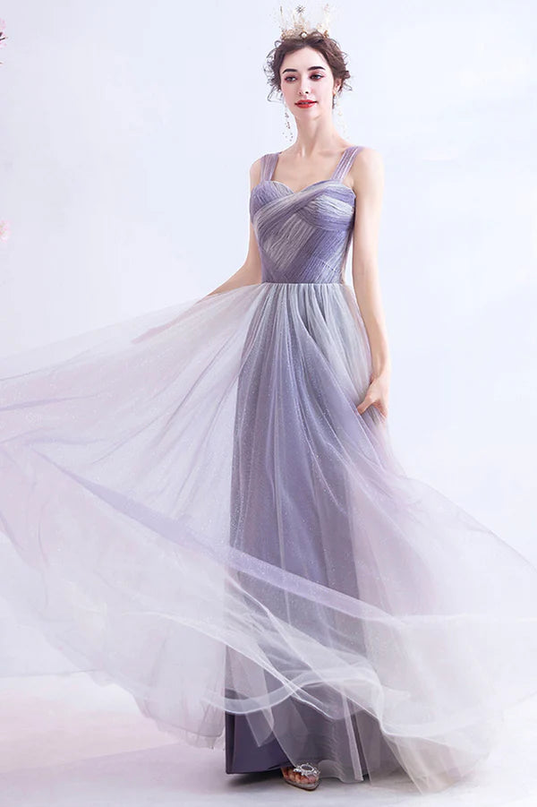 Unique Purple Tulle Long Formal Dress A-Line Evening Graduation Dress