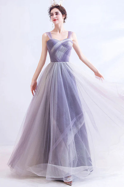 Unique Purple Tulle Long Formal Dress A-Line Evening Graduation Dress