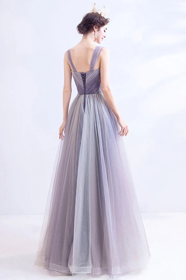 Unique Purple Tulle Long Formal Dress A-Line Evening Graduation Dress