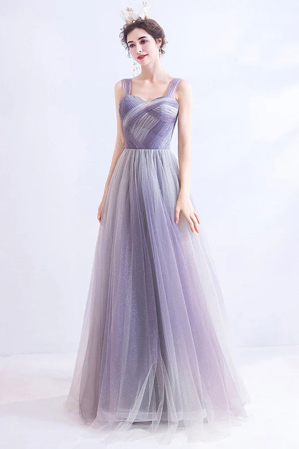 Unique Purple Tulle Long Formal Dress A-Line Evening Graduation Dress