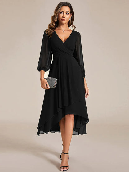 Long Sleeves Asymmetrical Hem A-Line Midi Wedding Guest Dress/Prom  Dresses