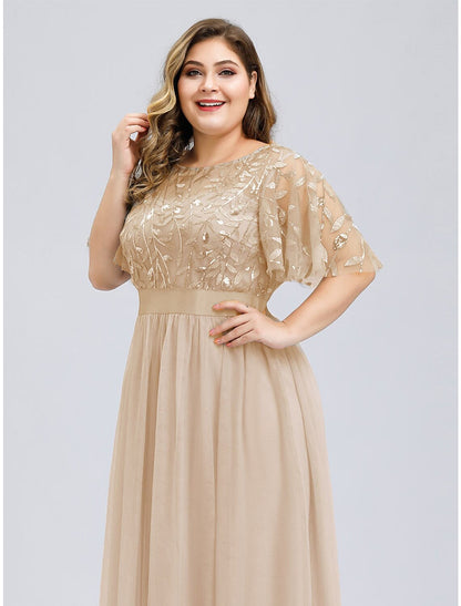 A-Line Prom Dresses Plus Size Dress Wedding Guest Prom Floor Length Short Sleeve