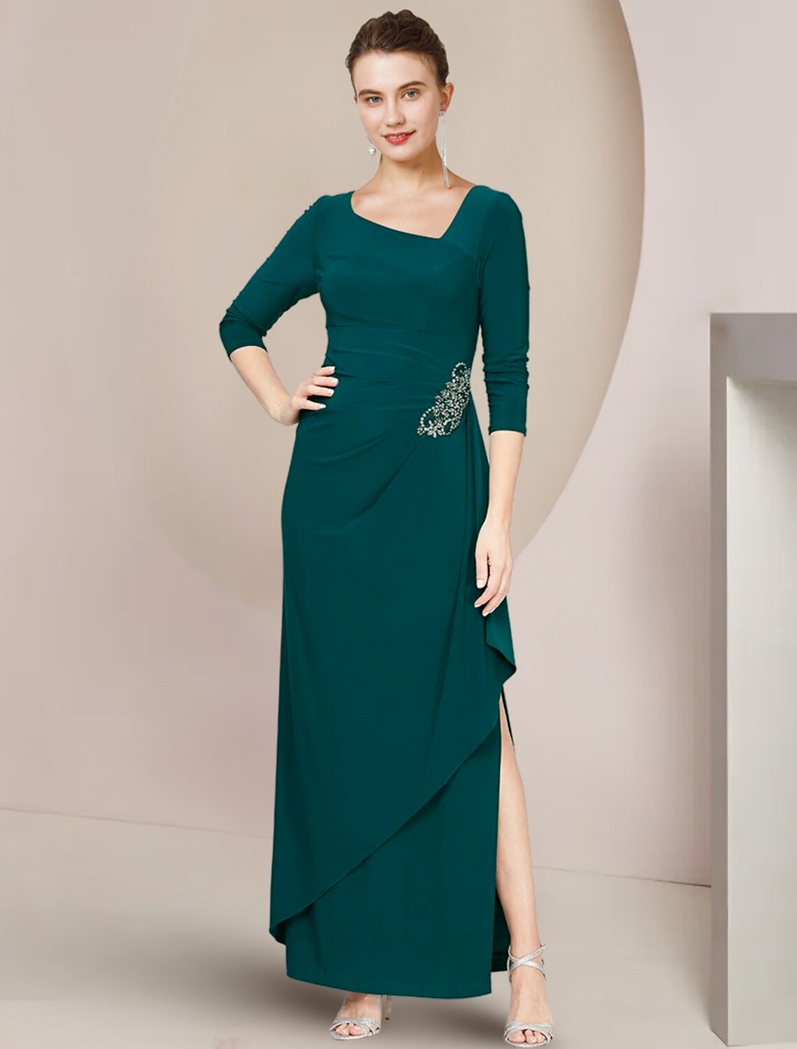 Sheath / Column Mother of the Bride Dress Wedding Guest Elegant Scoop Neck Ankle Length Stretch Chiffon 3/4 Length Sleeve