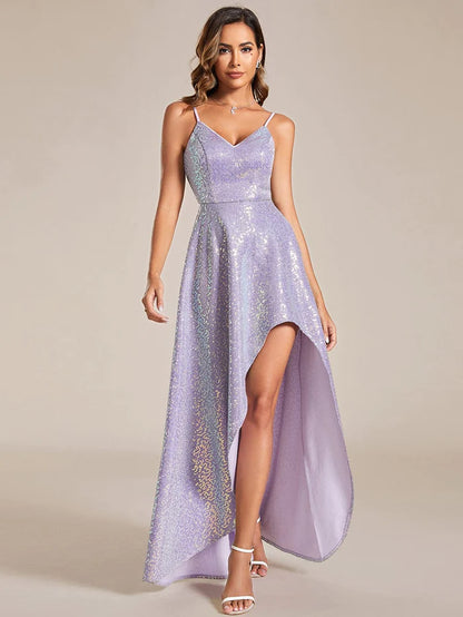 Sparkling Sequin Spaghetti Straps High-Low Backless Evening Dress/Prom  Dresses