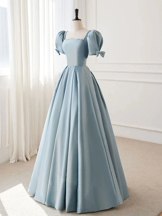 Buyishang A-Line Blue Satin Puffy Sleeve Long Prom Dress Blue Formal Dresses