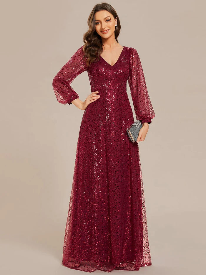 Shimmering All Over V-Neck Long Lantern Sleeve Sequin A-Line Evening Dress/Prom Dresses