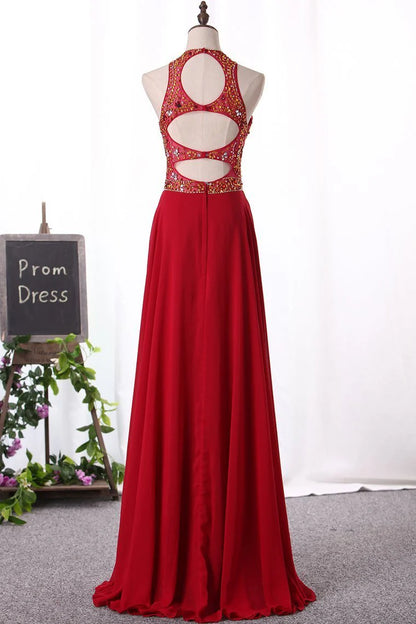 A Line Scoop Party Dresses Chiffon With Beaded Bodice Floor Length