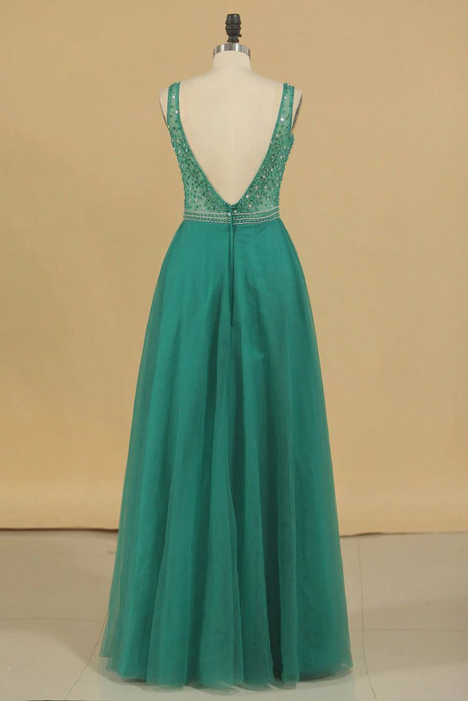 A Line V Neck Party Dresses Tulle With Beading Floor Length