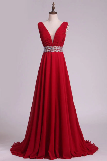 A Line V Neck Pleated Bodice Chiffon Party Dresses With Beading Court Train