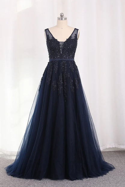 A Line V Neck Tulle Open Back Party Dresses With Applique