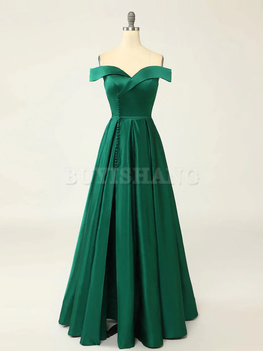 Buyishang A-Line Green Off Shoulder Long Prom Dresses Green Formal Evening Dresses prom dresses shops