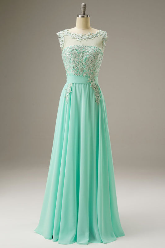 A-Line Illusion Chiffon Long Dress WIth Appliques