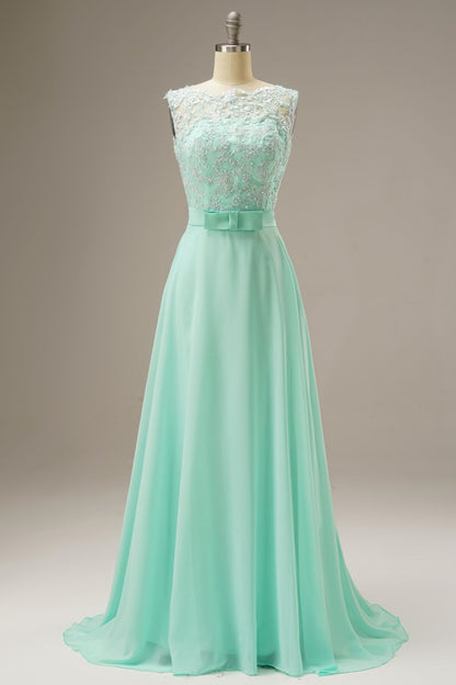 A Line Lace Top Sweep Train Prom Dress With Belt