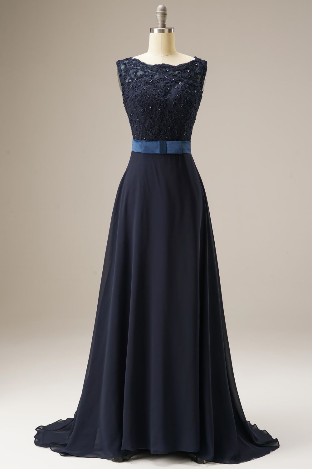 A Line Lace Top Sweep Train Prom Dress With Belt