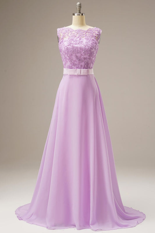 A Line Lace Top Sweep Train Prom Dress With Belt