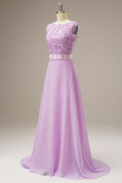 A Line Lace Top Sweep Train Prom Dress With Belt