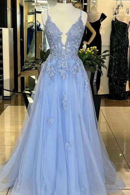 A-Line Light Blue Spaghetti Straps Lace Up Long Tulle Prom Dress With Appliques