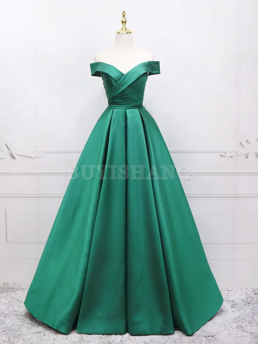 Buyishang A-Line Off Shoulder Green Satin Long Prom Dresses Green Evening Dresses prom dresses shops