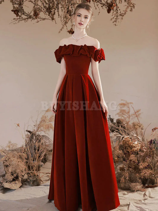 Buyishang A-Line Off Shoulder Velvet Burgundy Long Prom Dress Burgundy Evening Dresses prom dresses shops