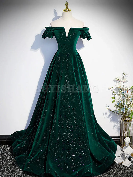 Buyishang A-Line Off Shoulder Velvet Long Prom Dresses Green Velvet Graduation Dress prom dresses shops