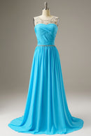 A-Line Sweep Train Chiffon Long Dress WIth Beading